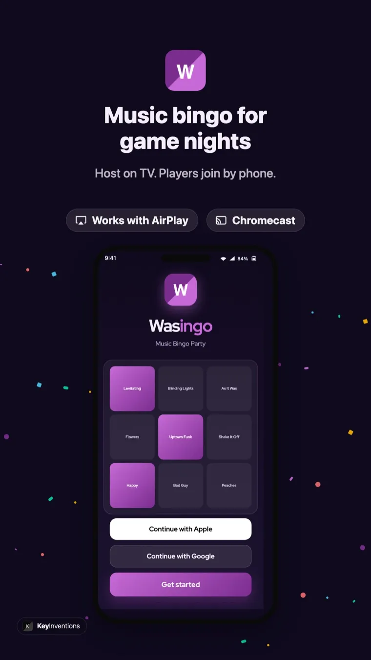 Wasingo music bingo app on Android showing a song pack with Chromecast casting