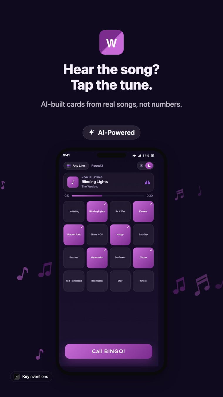 Android music bingo card with a now-playing song and marked squares