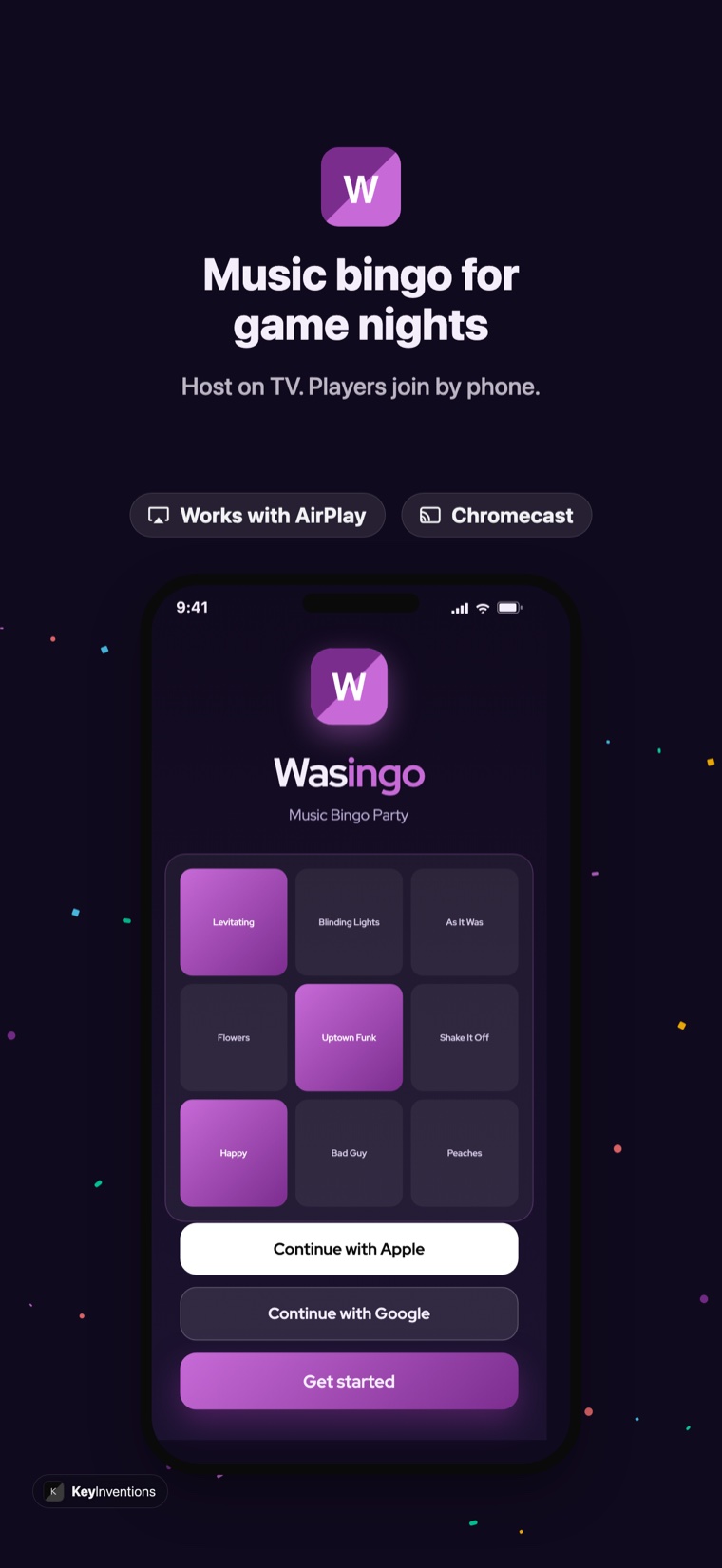 Wasingo music bingo app on iPhone showing a song pack with Works with AirPlay and Chromecast