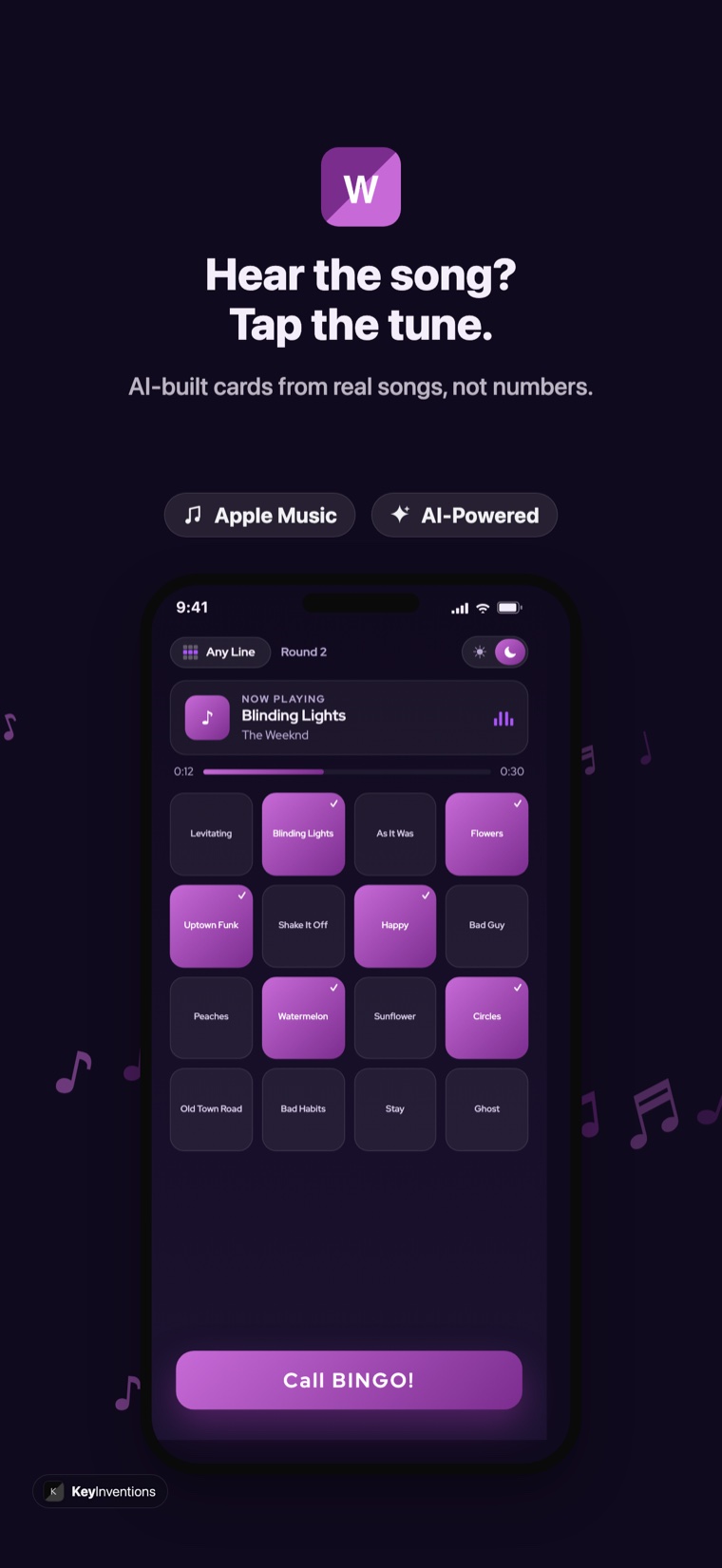 iPhone music bingo card with a now-playing song and marked squares