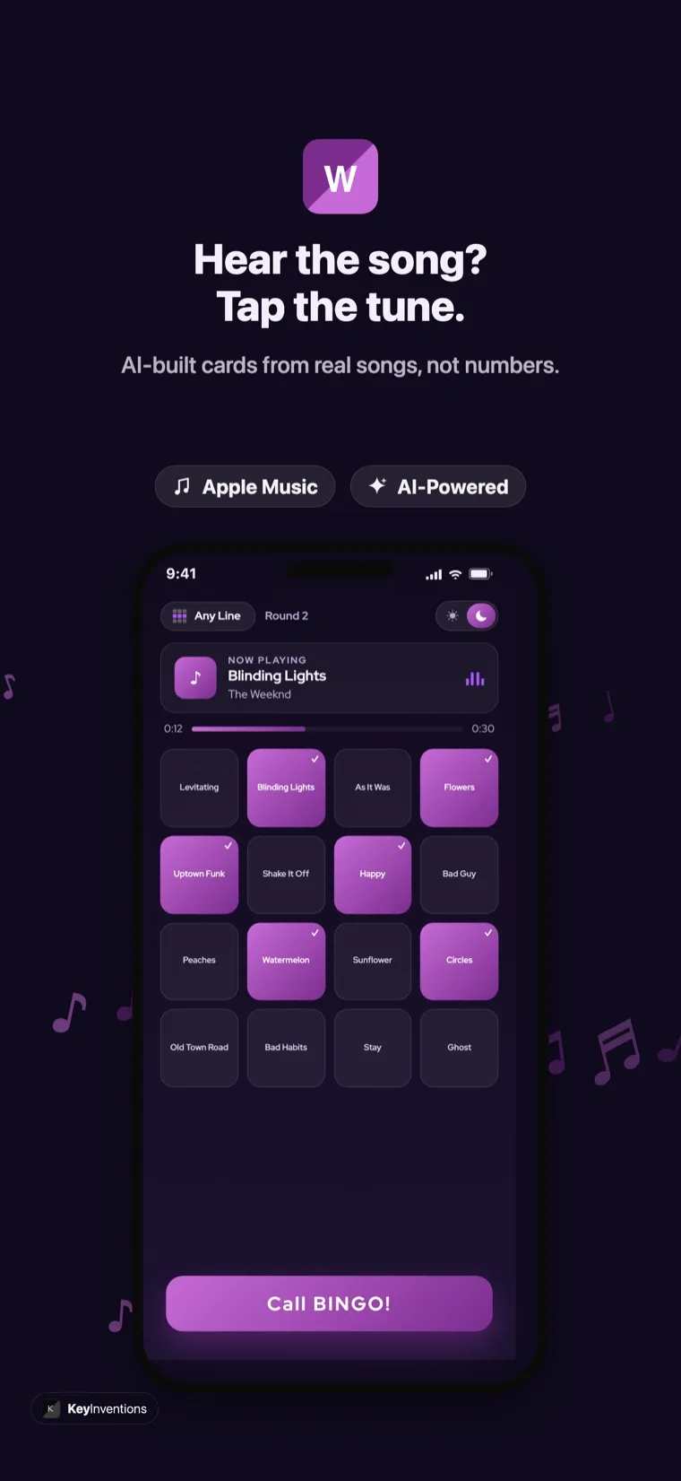 iPhone music bingo card with a now-playing song and marked squares