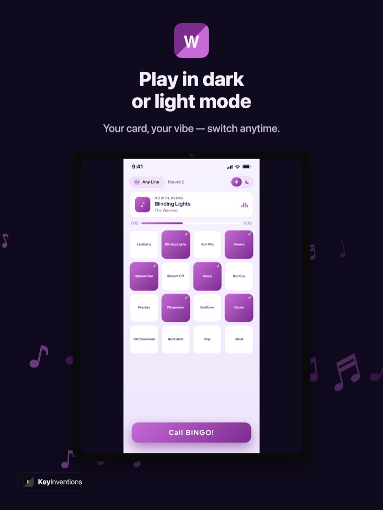 Music bingo iPad board in light mode