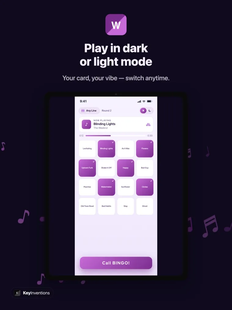Music bingo iPad board in light mode