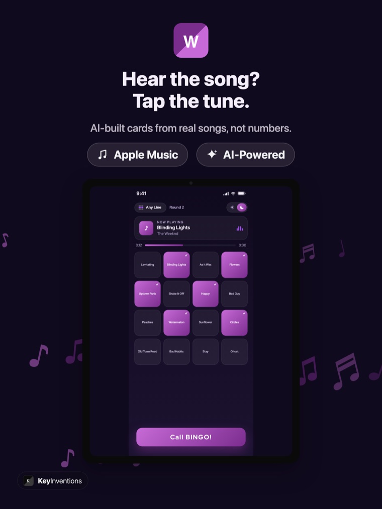 Wasingo music bingo on iPad showing a now-playing song and a card