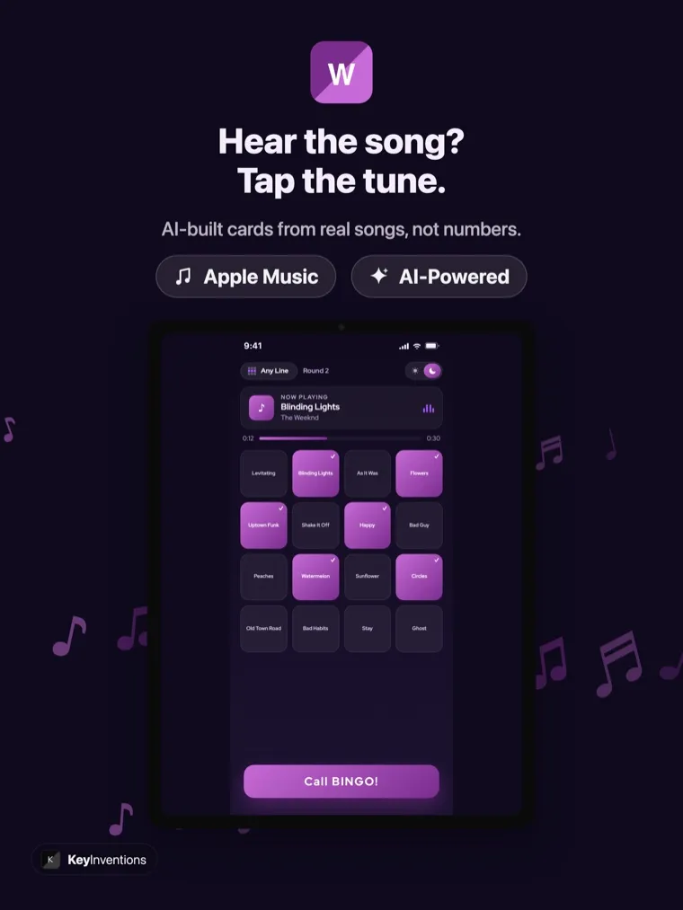 Wasingo music bingo on iPad showing a now-playing song and a card