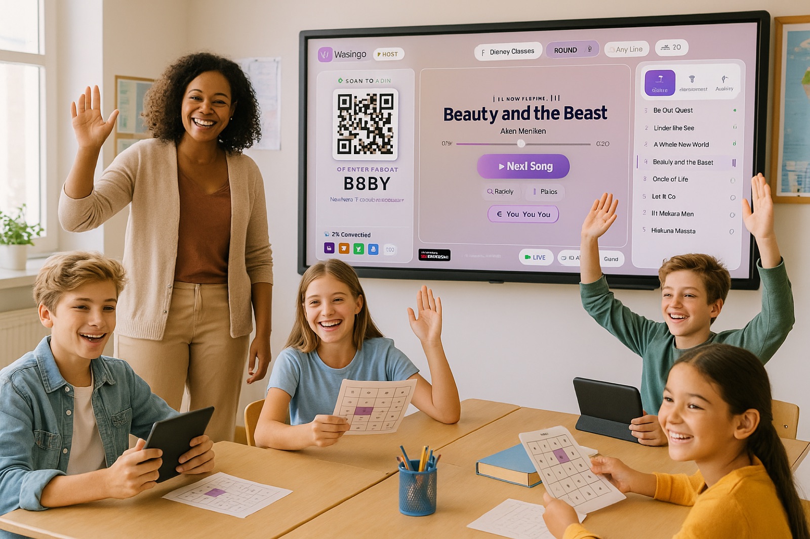 A teacher and students playing music bingo in a classroom