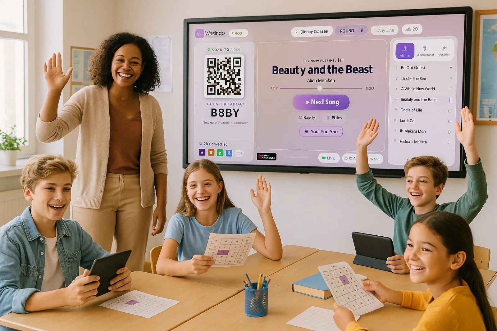 A teacher and students playing music bingo in a classroom