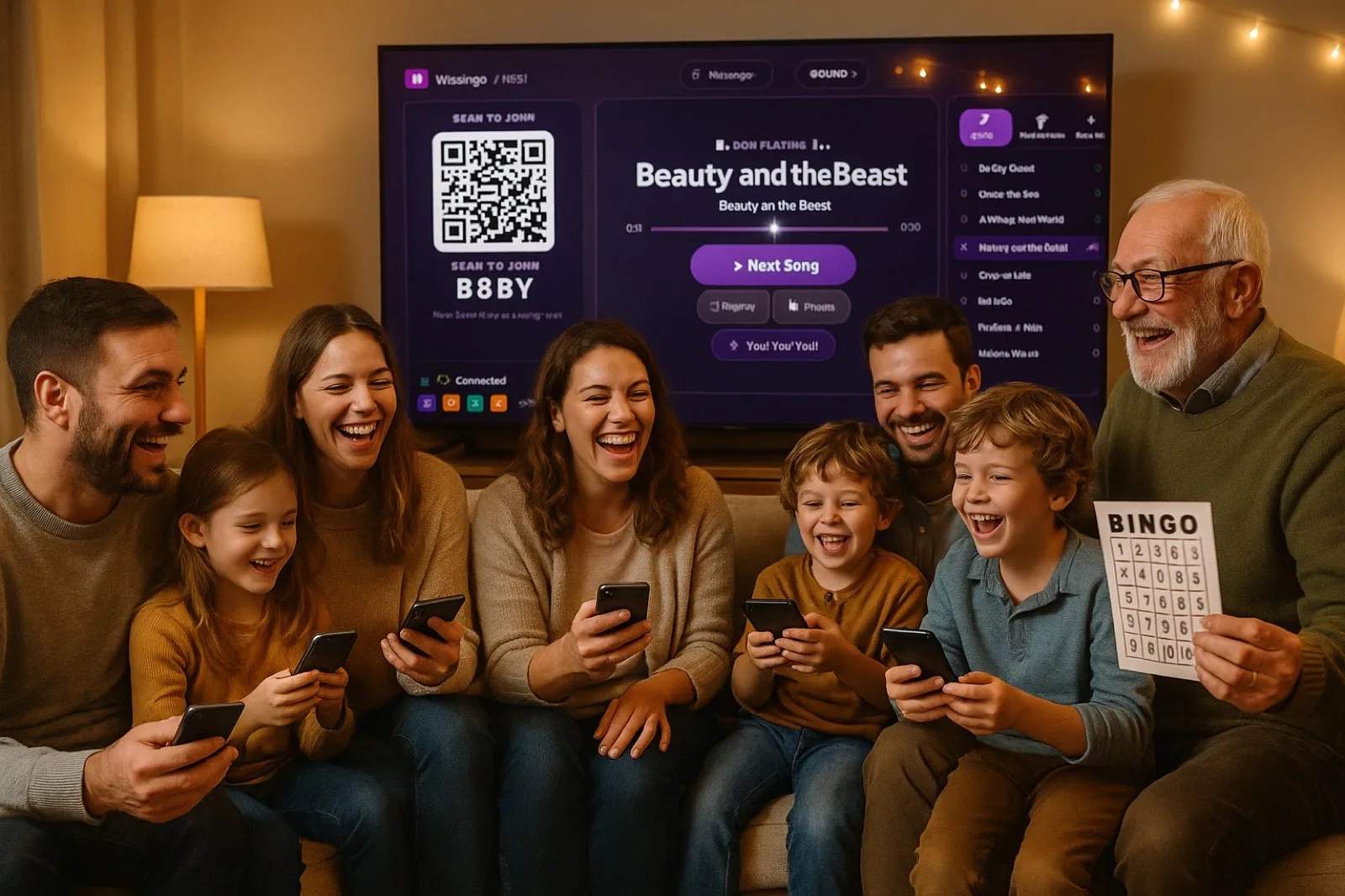 A multi-generational family laughing and playing music bingo together in the living room