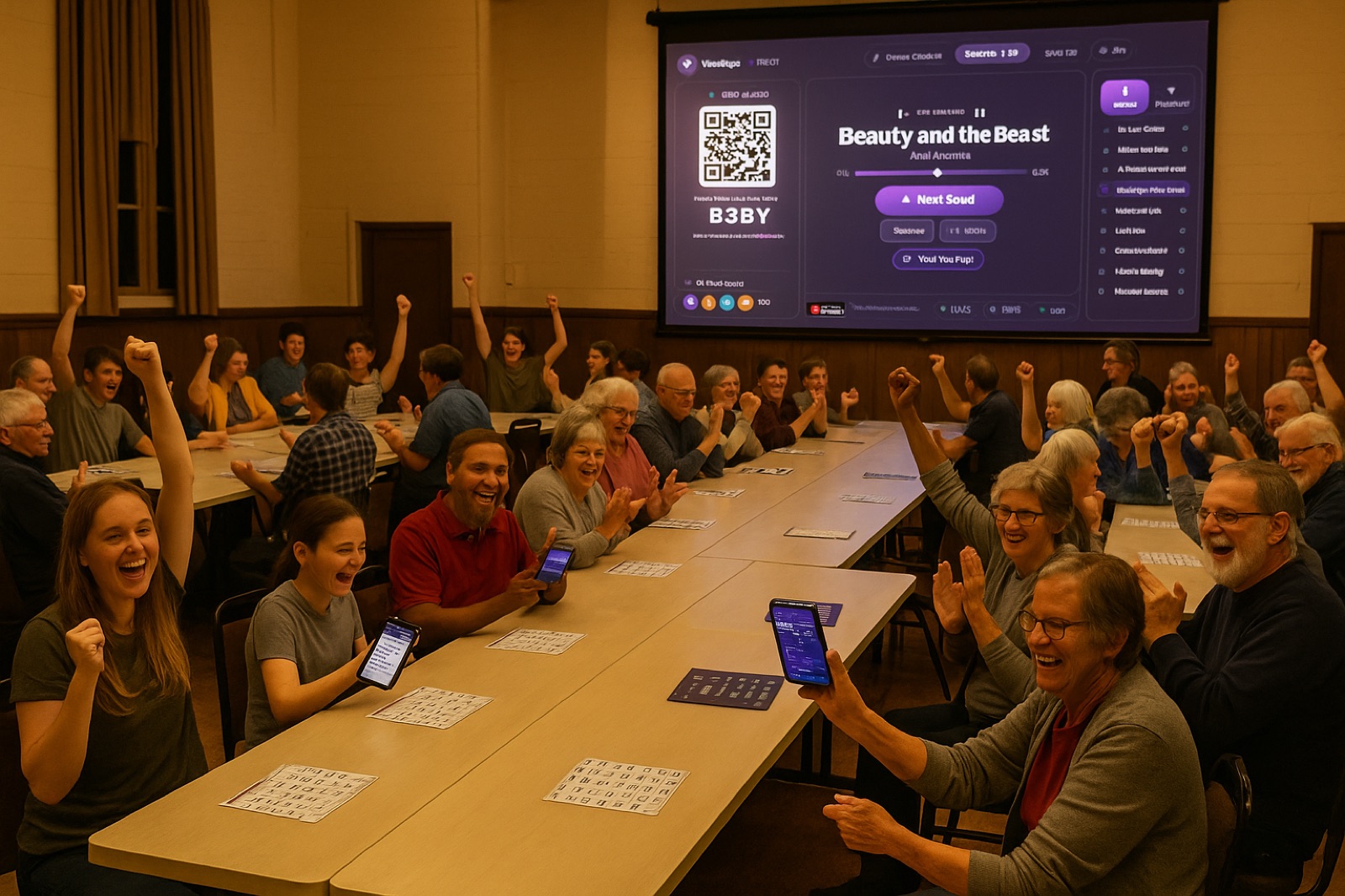 A packed hall of people playing music bingo at a fundraiser event