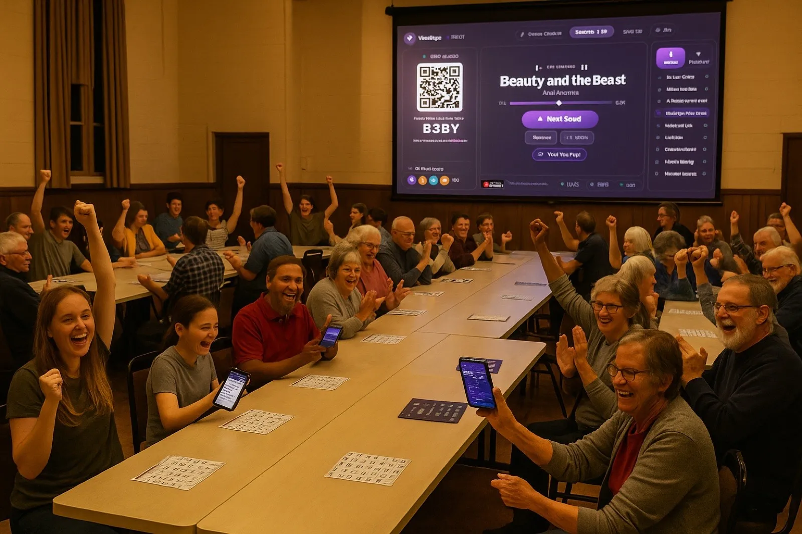 A packed hall of people playing music bingo at a fundraiser event