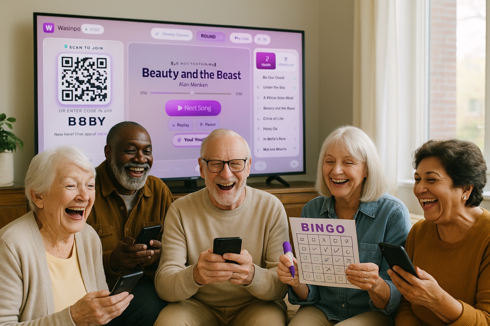 A joyful group of seniors playing music bingo at a senior center